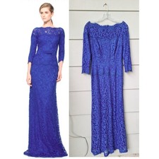 TADASHI SHOJI Floral Illusion Lace Royal Blue Maxi Gown Dress Missing Belt Sz. 4