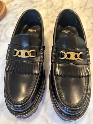 Celine Triomphe Margaret Black Leather Loafer With Gold Logo Detail Size 40
