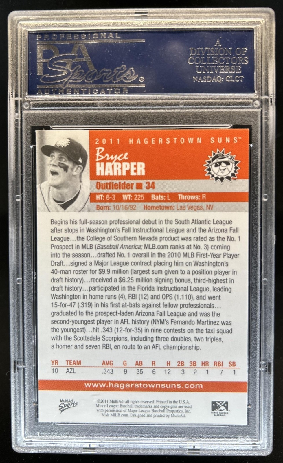 2011 Multi Ad Hagerstown Suns Bryce Harper Pro Debut Fielding PSA 10 GEM MINT view 2