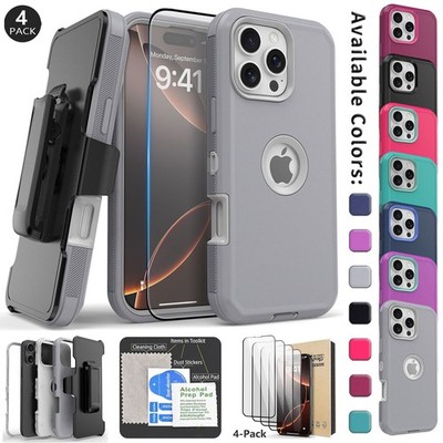 For iPhone 16 Pro Max Plus 16e Case Heavy Duty Hybrid Clip Cover/Tempered Glass