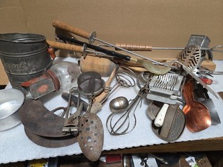 Vintage Lot Of 25 Metal Wood Kitchen Utensils Grates Mixer Tongs Spoons Ladles