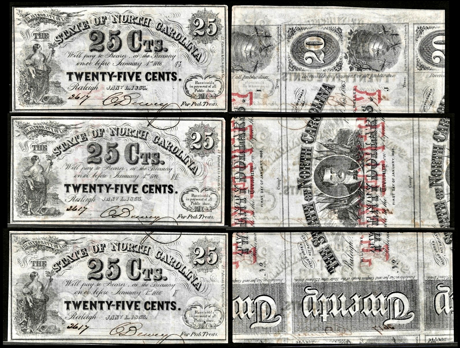 Cut Sheet Of (20) Jan 1, 1863 Raleigh NC State of North Carolina 25¢ S/N 2617