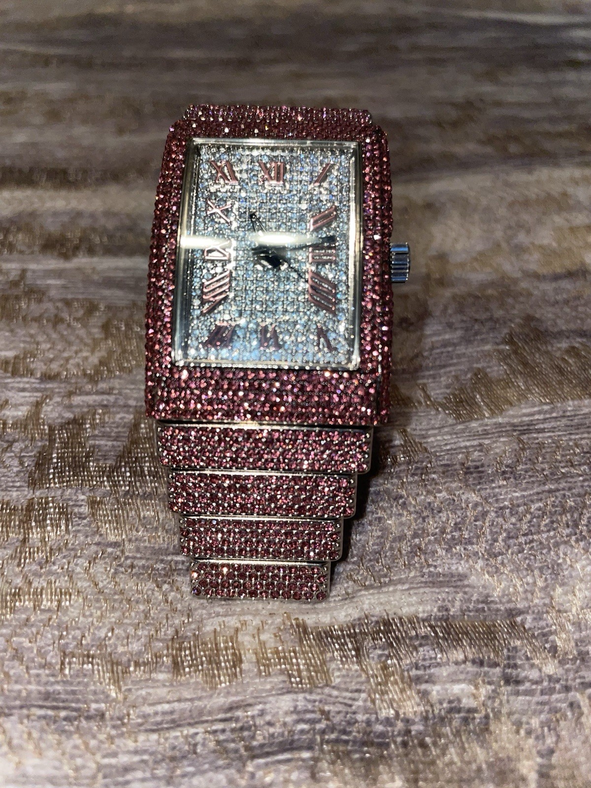 Rectangular Face Male Iced Out Men’s Watch, Stainless Steel, Red & Silver Crystals, Rectangle ...