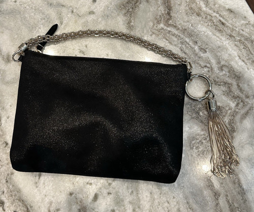 Jimmy Choo Callie Black Shimmer Suede Clutch Bag NEW Chain Strap Tassel