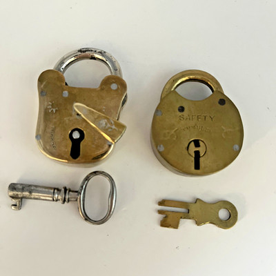 Vintage Padlocks - Unique Set of 2 with keys - Brass with Silver Colored Rivets