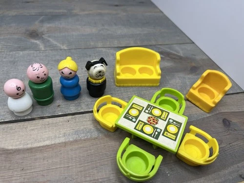 Vintage Fisher Price Little People Living room car family dog baby dining table