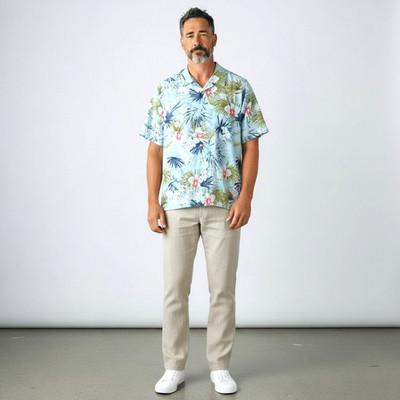 Caribbean Mens Shirt Blue Tropical Cotton/Linen Blend XXL Short Sleeve Button Up