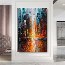 Hand Painted Oil Painting On Canvas Abstract City 3D Colorful Yellow Modern