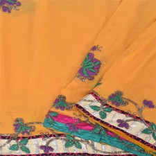 Sanskriti Vintage Yellow Sarees Pure Georgette Hand Bead Sari 5 Yd Craft Fabric