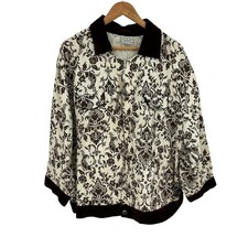 Donna Vintage Jacket Brown Floral Damask Velvet Trim Button Up 2X Large