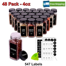 48 Pack Spice Jars With Labels, Glass Spice Jars With Lids And 547 Labels, 4 Oz