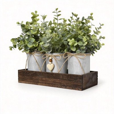 Rustic Farmhouse 3-Piece Artificial Eucalyptus Centerpiece   Wooden Tray with...