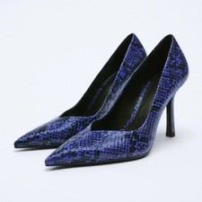 ZARA Blue Black Snake Print Stiletto Slip-On Pointed Toe Pumps Women EU 39