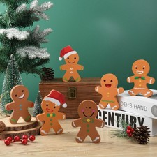 6 Pcs Gingerbread Christmas Decorations Xmas Gingerbread Man Wooden Signs Far...