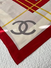 Vintage Chanel red, cream yellow 34"square designer scarf 70-80s