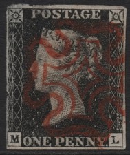 GB QV SG2, 1d black PLATE 1b  Maltese cross (M-L) 4 margins  used