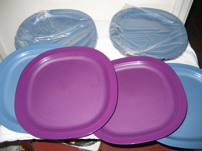 .TUPPERWARE SET  of (4) MICROWAVE LUNCH PLATES BLUE/PURPLE MIP  FREE SHIP  USA