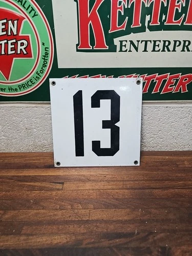 M12- Vintage # 13 Porcelain Sign Address Number Plate Blue White 8” x 8 ”