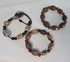 Rare Tibetan Natural Old Agate "3 Eyes" Dzi Beads Tribal Bracelets, Lot Of 3