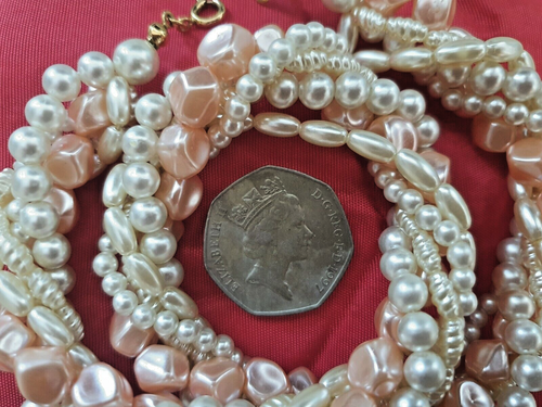 1950's Style Faux Pink Cream White Pearl Rope Twist 16 inch Necklace