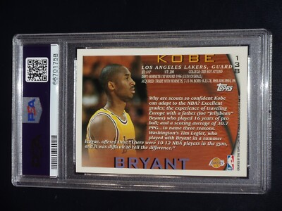 1996 Topps Kobe Bryant Rookie PSA 9 MINT #138 RC Centered Check