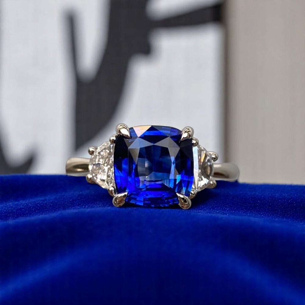 4.60 Ct Cushion Blue Sapphire Lab Created Diamond Engagement Ring 14K White Gold