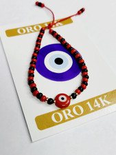 Red and Black Evil Eye Bracelet with Red Flat Eye for Adults with Gold 14K Beads