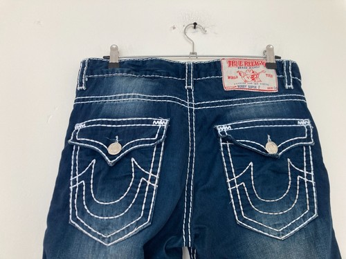 True Religion Bobby Super T Jeans Seat W33 L34 Blue White Stitching Button Fly - Picture 9 of 18