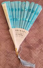 Vintage Blue Teal Flower Sequin Cloth Design Plastic Folding Hand Held Fan