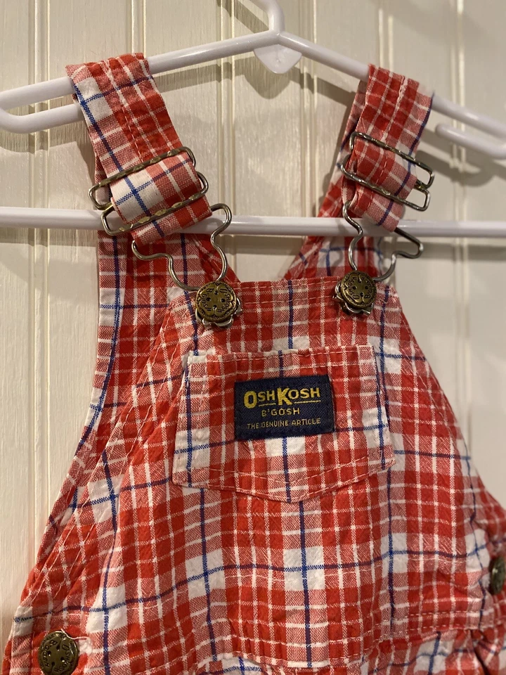 Mono de algodón a cuadros vintage Oshkosh Bgosh 12 m para niños rojo blanco azul broche/botón Foto 2 de 4