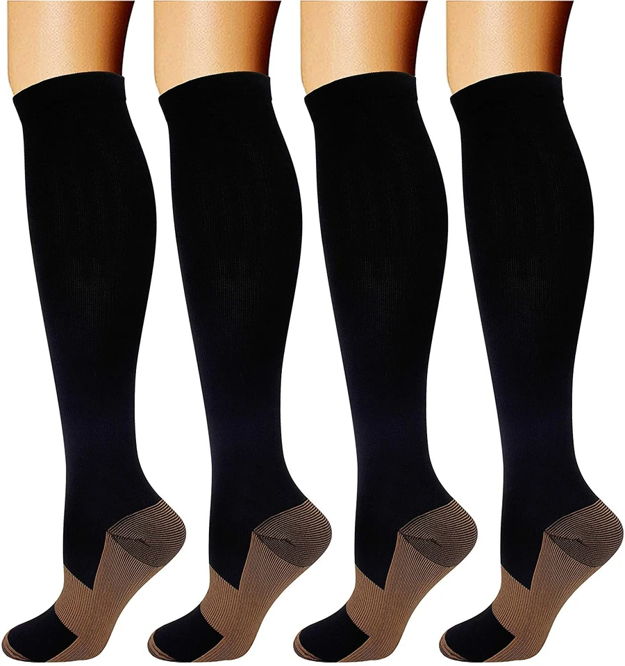 (4 Pairs) Copper Compression Socks 20-30mmHg Graduated Support Mens Women S-XXL