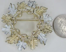 Sarah Cov 2" dia Leaves Circle Wreath Silver Gold Clad Metal Lapel Pin Brooch