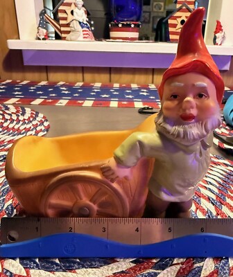 Vintage Heissner (Germany) Green Shirt & Red Hat Gnome w/ Plastic Wagon