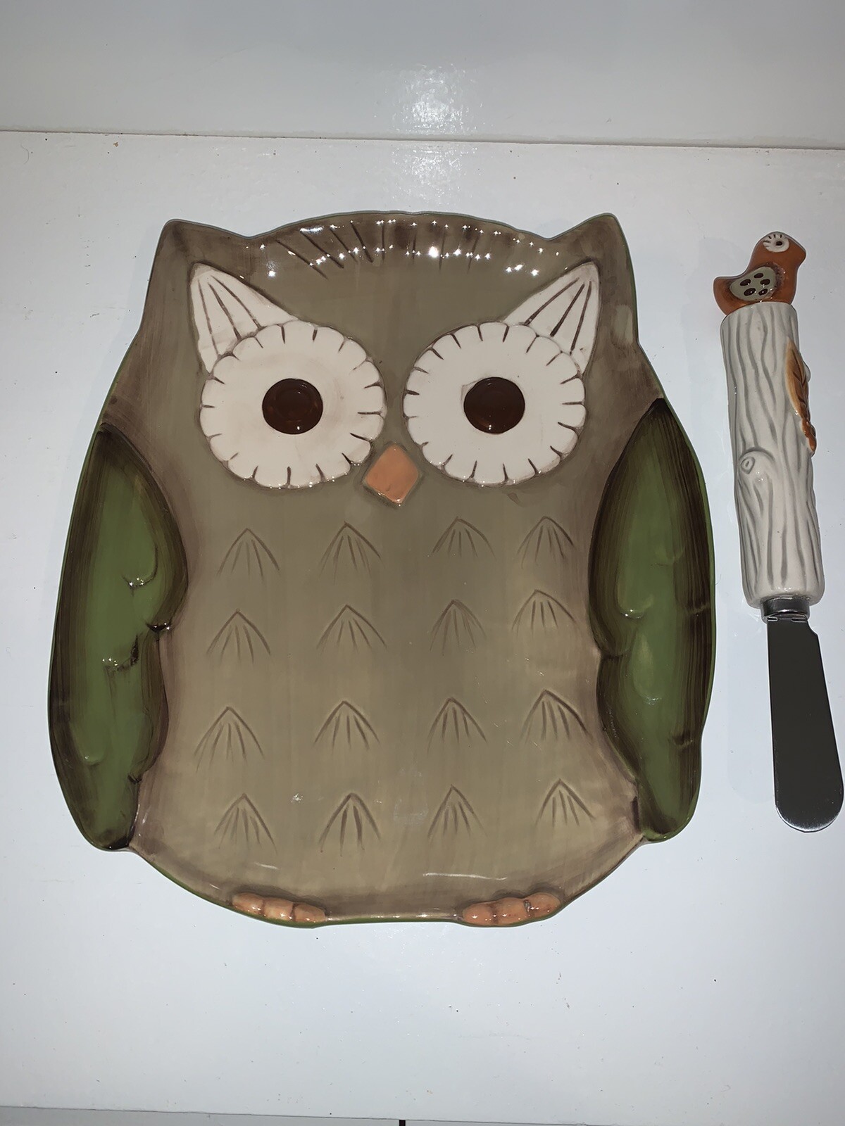 Grasslands Road Owl Serving Plate w/ Knife Spreader Ceramic Green Color Hostess eBay