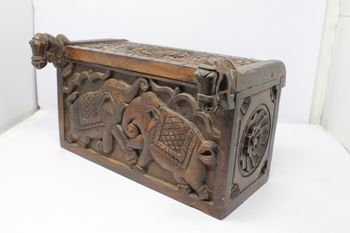 Antique Old Wooden Elephant Fighting Carved Storage Multi Purpose Use Box NH6805 - Picture 2 of 12