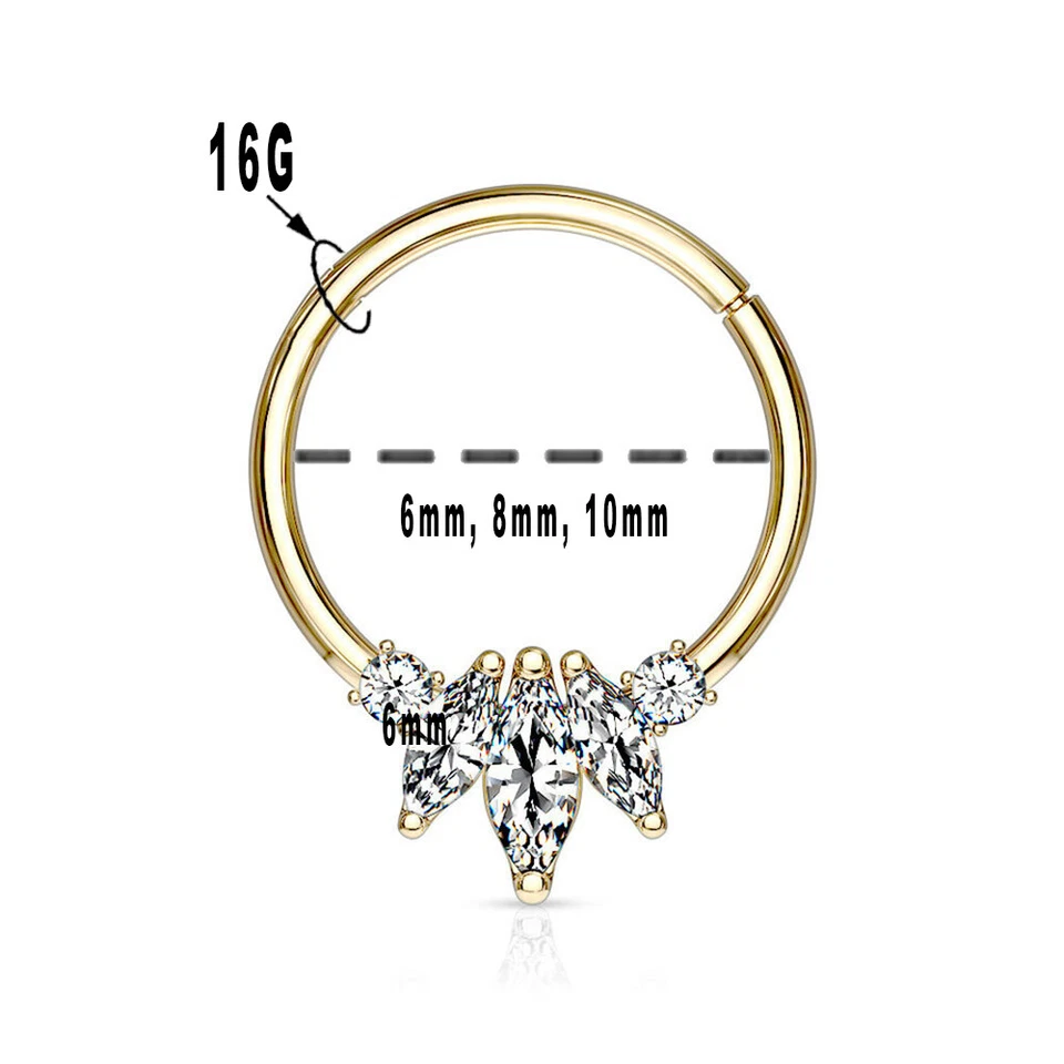 Anillo de aro con bisagras de tabique de oro macizo de 14K 20G con tres joyas de diseño de circonita cúbica marquesa Foto 2 de 4