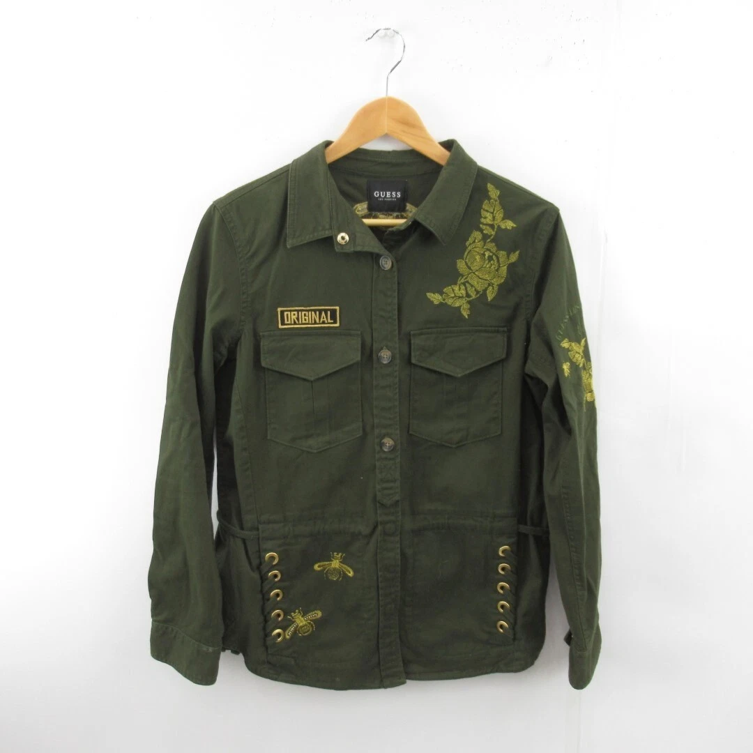 Guess Military Style Jacket Coat Ladies XS Khaki Green Button Stud Designer