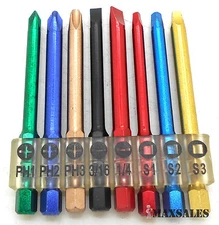 New 8Pc 3" Color Coded Driver Bit Set Flat, Phillips & Square 1/4" Hex Shank 