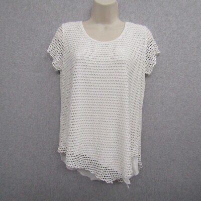 Lavish Womens Large White Blouse Short Sleeve Round Neck Casual Preppy Chic