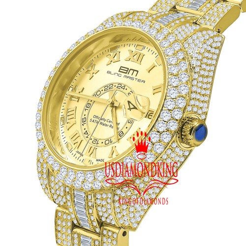Men's Stainless Steel 18K Yellow Gold Finish Simulated Diamond Watch 42mm W/Date - Picture 2 of 8