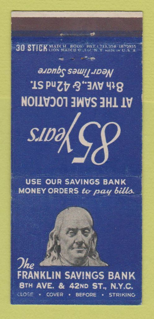 Vintage Franklin Savings Bank NYC 30-Stick Matchbook Cover