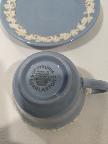 WEDGWOOD QUEENSWARE LAVENDER BLUE EMBOSSED CREAM FOOTED DEMITASSE CUP & SAUCER - Picture 3 of 7