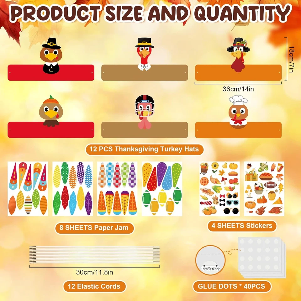 Kits de Artesanía de Acción de Gracias - Paquete de 12, Coronas de Pavo de Papel Ajustables Sombreros con Stic Foto 2 de 4