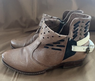 AS 98 Mocha Tan Leather Booties Black Accent & Ivory Leather Back Strap Size 37