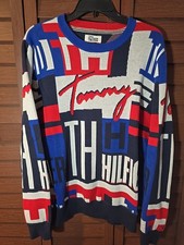 Tommy Hilfiger Denim All Over Logo Graphic Crewneck Sweater Size M NWT