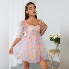 SHEIN Colorful Pastel Rainbow Puff Sleeve Mini Dress-Medium