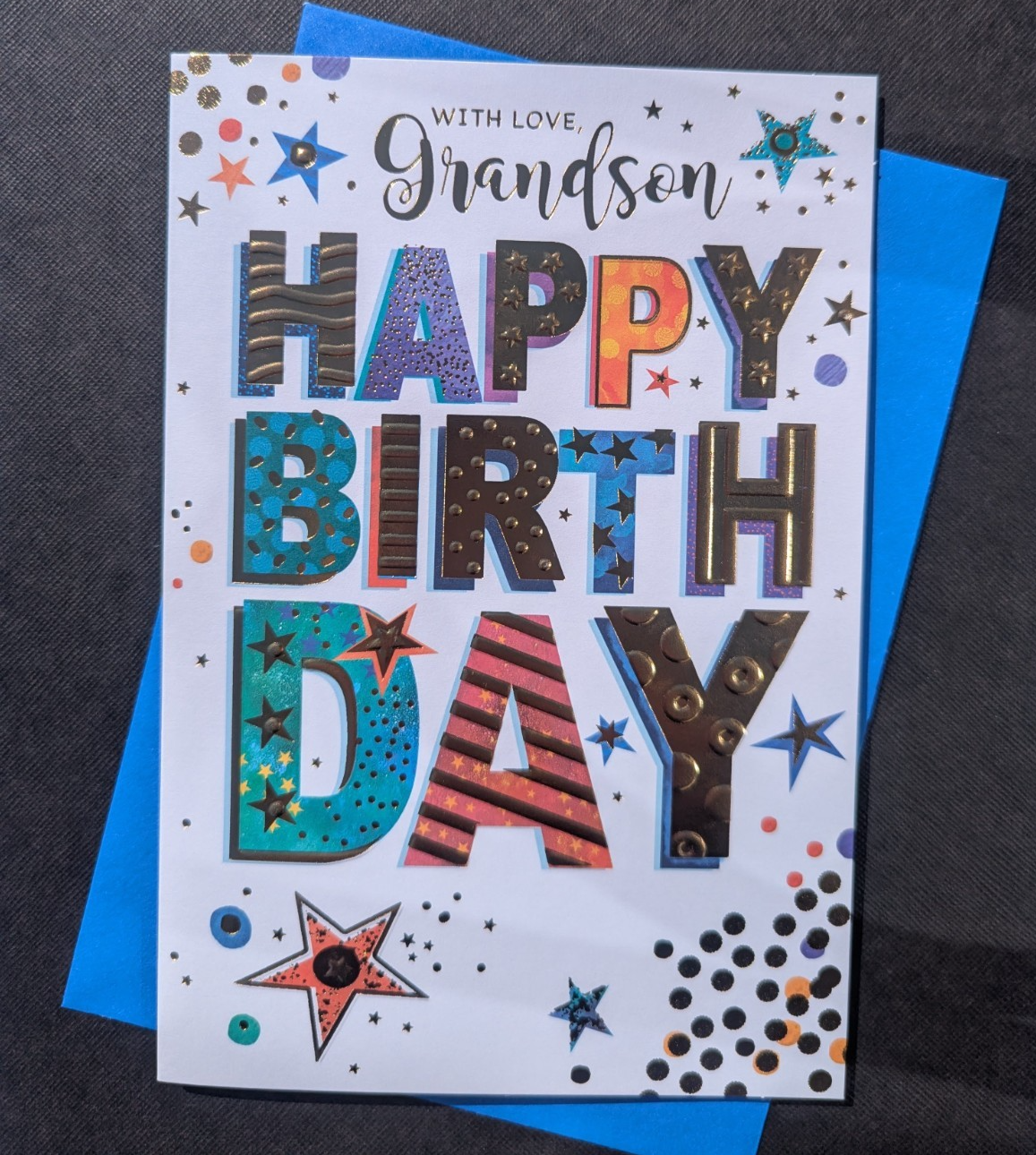 Grandson Happy Birthday Card Man Teenage Boy Gold Text 19x13cm