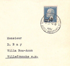 FRANCE Cover 50c/75c PASTEUR Surcharge Villefranche-sur-Mer 1934 Local YS362