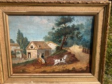 ANTIQUE PAINTING -H/T WEDDING CARRIAGE HORSES FARM LANDSCAPE 19I in GENRE SCENE
