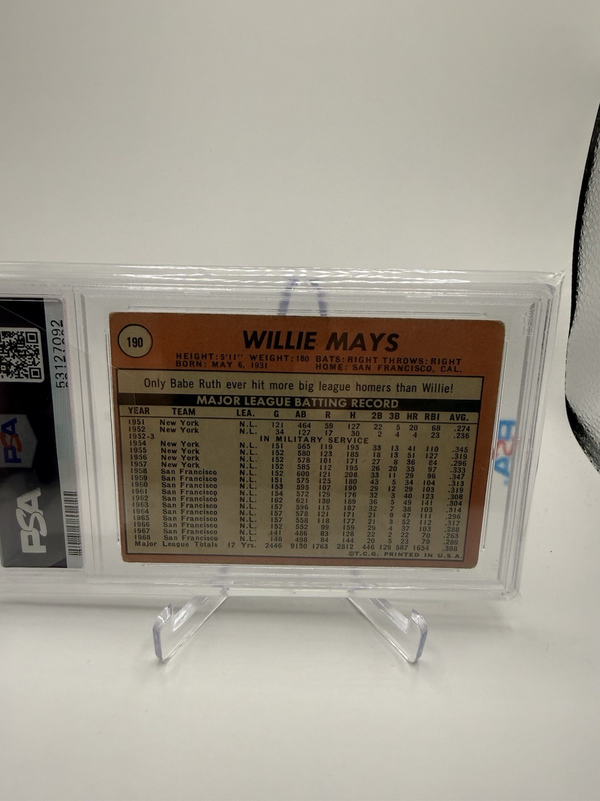 1969 Topps Willie Mays #190 PSA 2 San Francisco Giants Base Set view 2